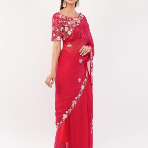 Red Silk Saree with Floral Detailing.