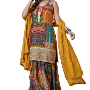 Mustard Tile Print Suit Set with Dupatta