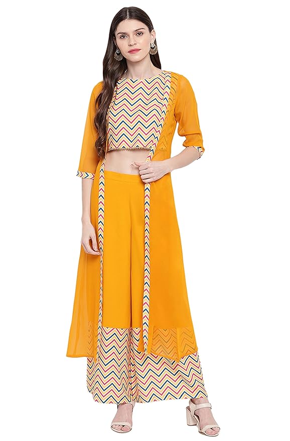 Women’s Yellow Crop Top with Palazzo and Jacket