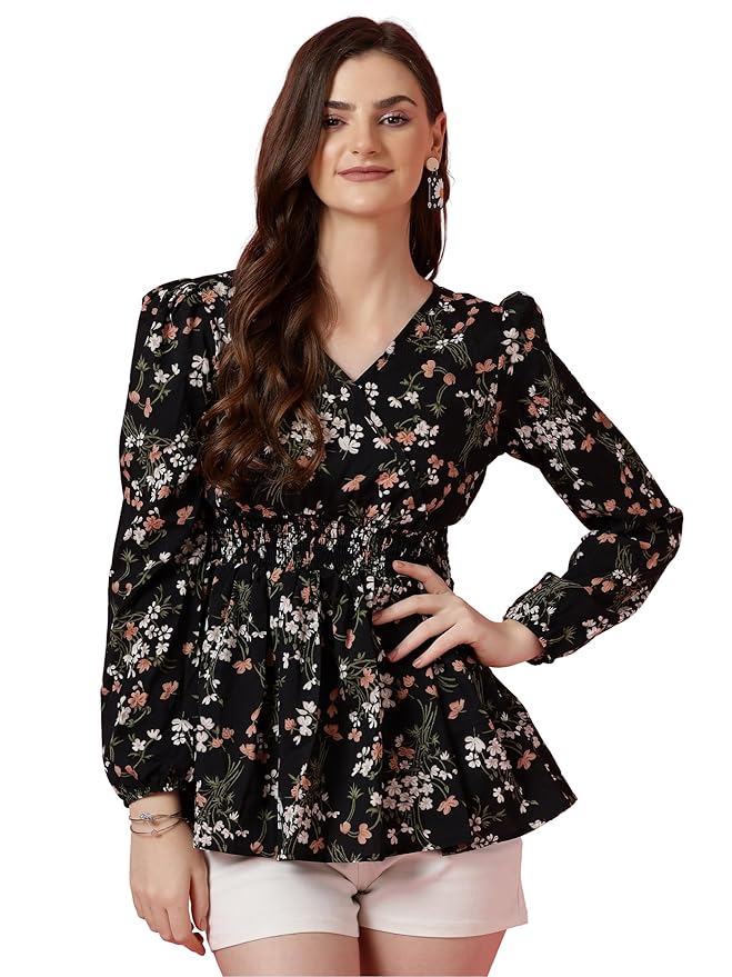Women's Casual Puff Sleeves Floral Top