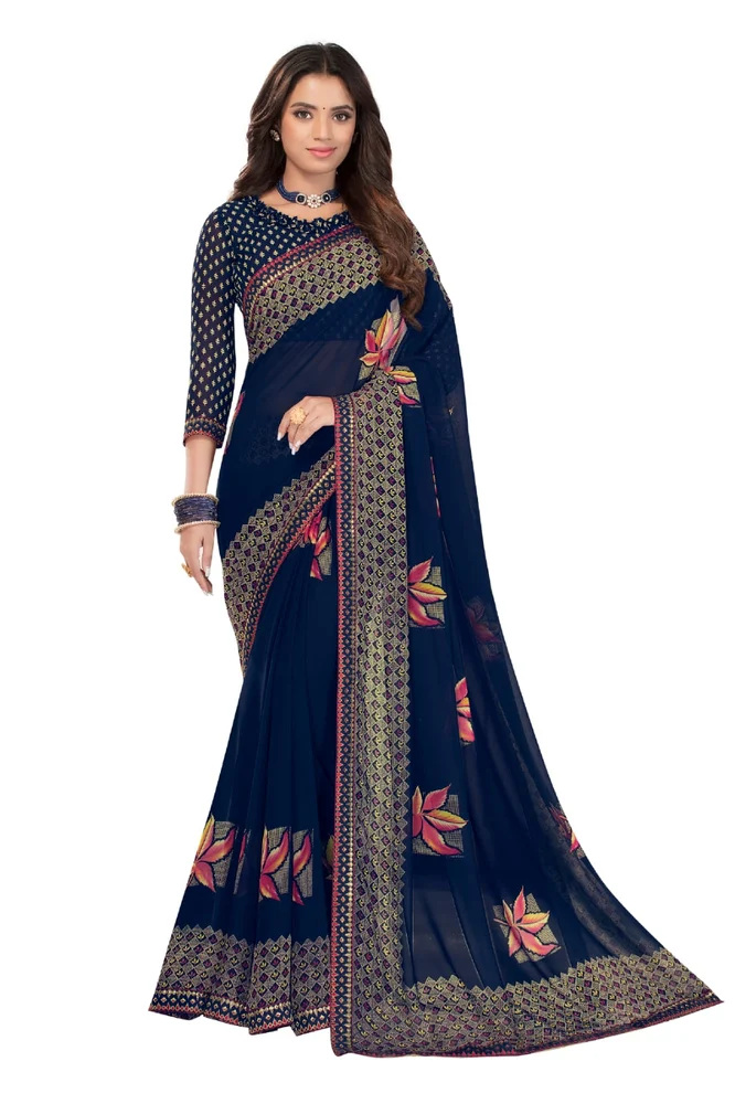 Women's leaf print navy blue colored saree with blouse - Image 2